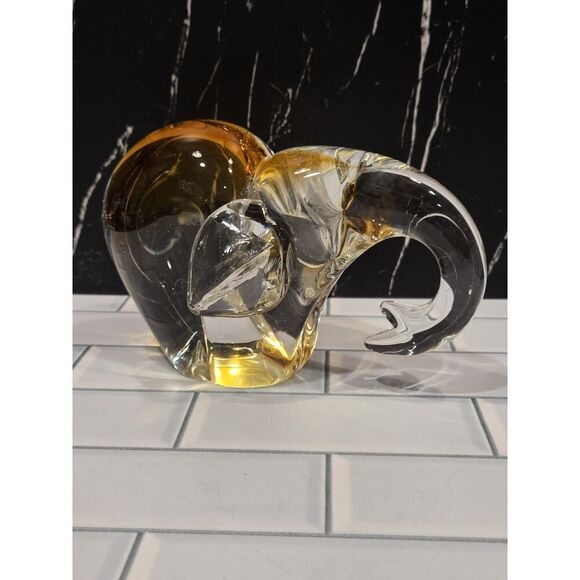Art Glass Elephant Sculpture/Paperweight Heavy Murano Style Clear & Amber GUC - Picture 3 of 13